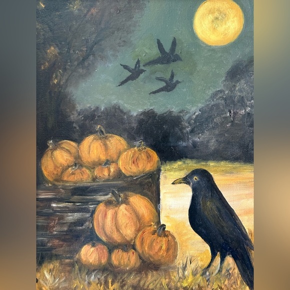 OIL PAINTING Harvest Moon Crow And Pumpkin Art Reclaimed Barn-wood Holiday Fall - Picture 2 of 10